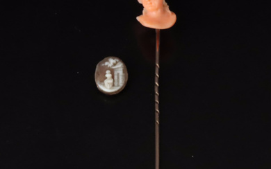 Victorian 9K Rose Gold High Relief Coral Stick Pin & Rebecca at the Well Cameo