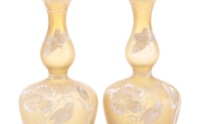 Victorian Enameled Bristol Amber Stain Glass Vases, Mid to Late 19th Century