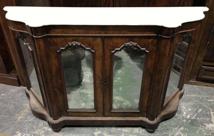 Victorian Figured Walnut Credenza, with shaped white marble top, above three mirror panel doors (marble restored) ( H94 x W167 x D49cm)
