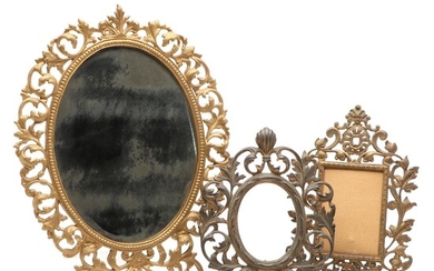 Victorian Gilt Metal Vanity Mirror with Easel Back and Picture Frames