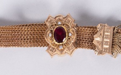 Victorian Gold Filled Slide Bracelet With Garnet and Seed Pearls