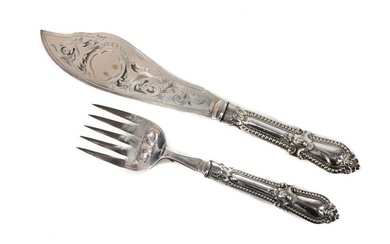 Victorian Silverplate Fish Server Knife & Fork Hand Engraved Pierced