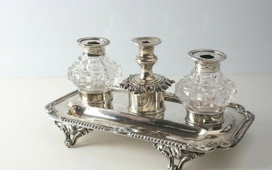 Victorian Sterling Silver Crystal Dual Ink Stand inkwells candlestick pen tray