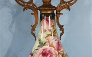 Victorian hand painted vase with metal base