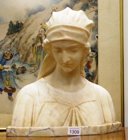 Victorian marble bust of Demure Maiden on marble stand, (hei...