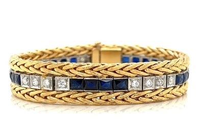 Vintage 14K Yellow Gold & Platinum Diamond and Synthetic Sapphire Bracelet