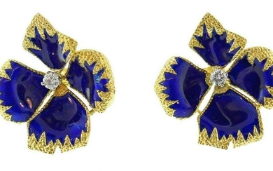 Vintage 18k Yellow Gold Diamond Enamel Floral Earrings