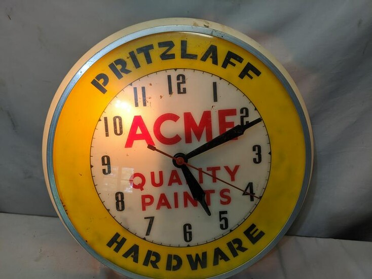 Vintage Acme Quality Paints Bubble Glass Light Up Clock