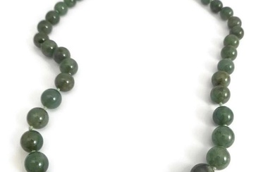 Vintage Deep Green Jade Bead Necklace 14K Yellow Gold Lock, 11 mm, 83.93 Grams