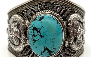 Vintage Tibeta Sterling Silver Spiderweb Turquoise Cuff Bracelet Native American