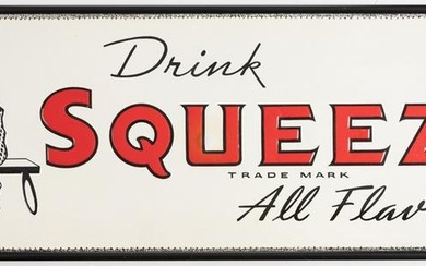 Vintage tin Advertising Sign for "Drink Squeeze All Flavors" has raised graphics and letters, fine