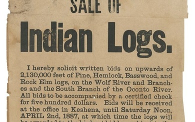 [WISCONSIN NATIVE AMERICANS]. Sale of Indian Logs broadside...