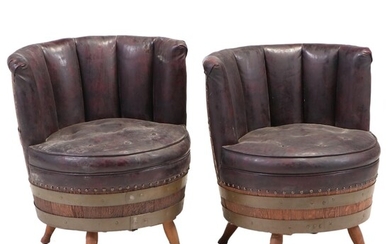 Whiskey Barrel Vinyl Upholstered Tub Chairs, Mid to Late 20th Century