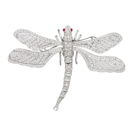 White Gold, Platinum, Diamond and Ruby Dragonfly Brooch