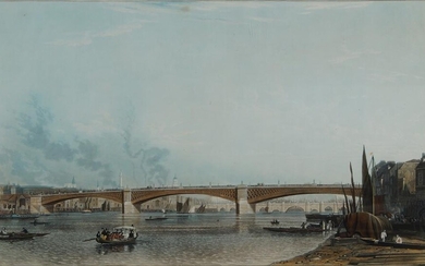 William James Bennett, British 1787-1844- A View of the Southwark Bridge No.1 and No.2; hand-coloured aquatints, a pair, coloured by W.H. Timms and published in Feb. 1819 by F. Nash, Fitzroy Square, ea. 38x 51 cm (2)