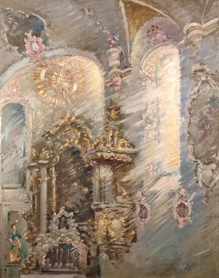 Wohlrab, Hans (1905 Eger - 1978 Amberg) "Church interior", atmospheric view with altar, on the righ