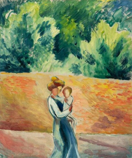 Woman and child on the garden wall