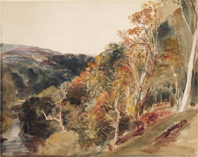 Wooded hills descending to a valley near Lowther, Westmoreland, Peter De Wint, O.W.S.