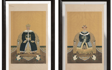 Ye Danian, lettré impérial et son épouse, 2 portraits, gouache et encre sur papier, Chine, circa 1900