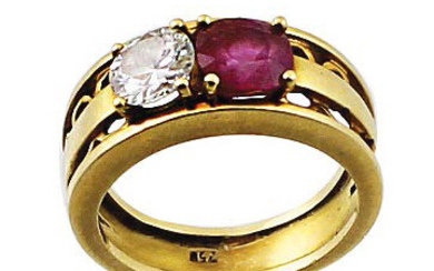 Yellow gold band ring with ruby and shiny...