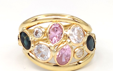 Yellow gold ring with pink quartz cubic zirconia and sapphires