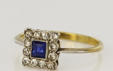 Yellow gold (tests 18ct) vintage diamond and synthetic sapph...