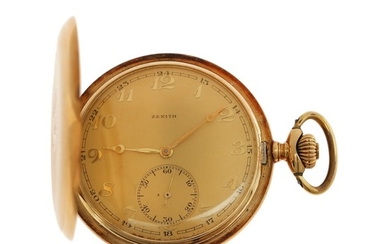 Zenith 14k gold hunter case pocket watch. C. 1930. Weight in total 88 g. Case diam. 50 mm.