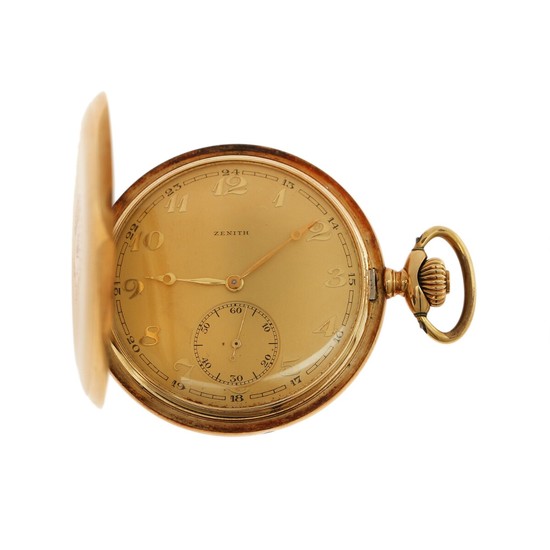 Zenith 14k gold hunter case pocket watch. C. 1930. Weight in total 88 g. Case diam. 50 mm.