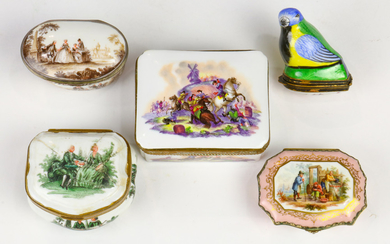 (lot of 5) A Meissen and continental group of polychrome decorated covered boxes