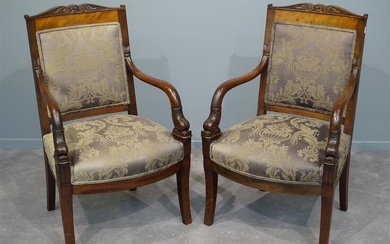 (-), stel mahonie Empire fauteuils met gebogen armleggers...
