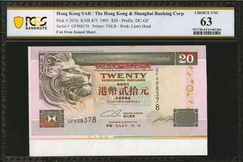(t) HONG KONG. Lot of (2). Hong Kong & Shanghai Banking Corporation. 20 dollar, 1995. P-201b. PCGS Banknote Choice Uncirculated 63 & 63 PPQ.