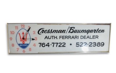 Cressman/Baumgarten Auth. Ferrari Dealer Maserati Clock Sign