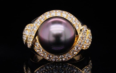 12mm Tahitian Pearl, 1.65ctw Diamond, Enamel and 18K Ring