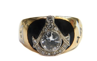 14k Yellow Gold Diamond, White Sapphire and Tourmaline Masonic Ring, Size, 12