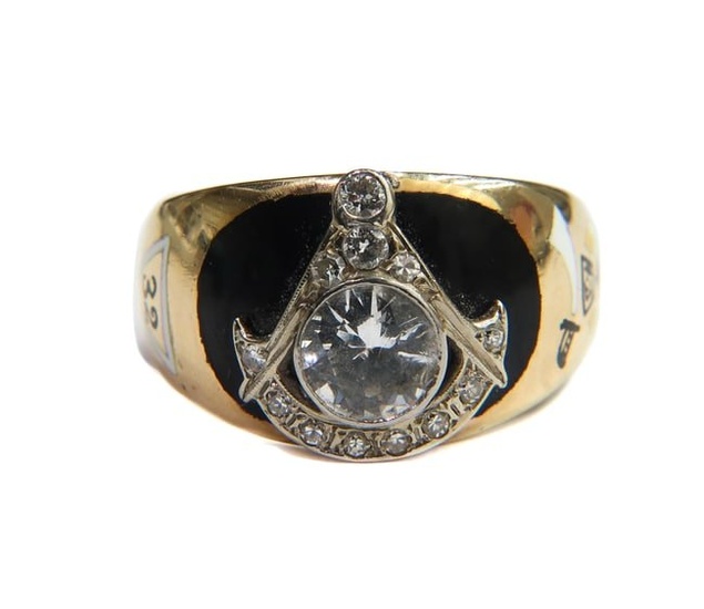 14k Yellow Gold Diamond, White Sapphire and Tourmaline Masonic Ring, Size, 12