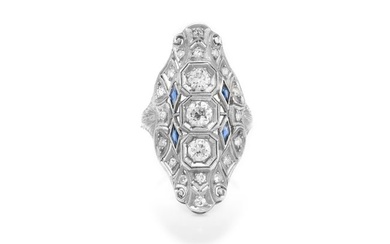 1.60 Carat Art Deco Diamond Dinner Ring with Sapphires