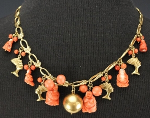 18k Salmon Red Coral Chinese, Egyptian Necklace