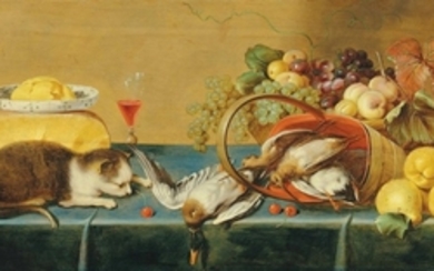 Master of the Kitten (active Antwerp c. 1625-1649), Fruit, dairy, game in an overturned basket, wine in a façon de Venise and a cat on a draped table