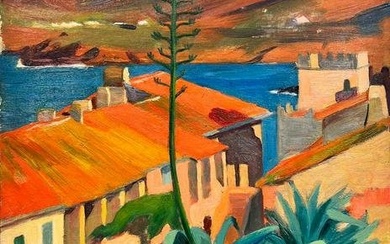 1930's French Post Impressionist Oil Painting Orange House Roofs Green Plants