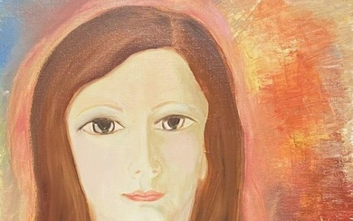 1970's FRENCH OIL PAINTING - HEAD & SHOULDERS PORTRAIT YOUNG LADY PINK & ORANGE c. 1970's