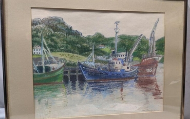 1984 Signed Pastel Harbor Boat Scene Drawing
