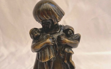 19C FRENCH BRONZE STATUE OF A GIRL WITH HER DOLLS SIGNED