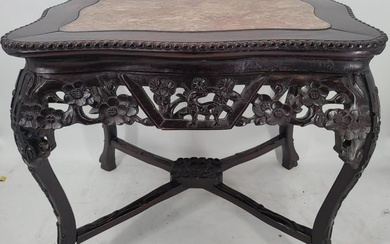 19th C Chinese Rosewood And Marble Top Table Hand Carved