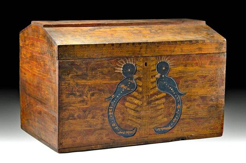 19th C. Mexican Painted Wood Chest Quetzal Birds