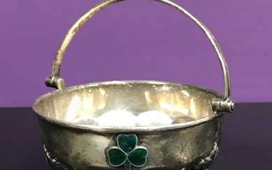 19th century Irish sterling silver and guilloche enamel basket with handle standing on three legs