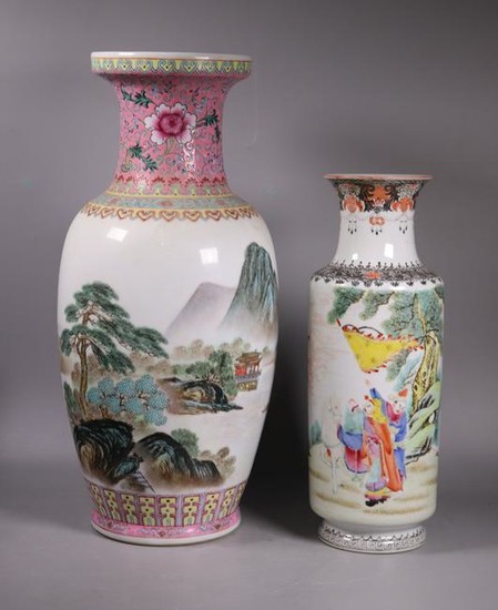 2 Chinese Famille Rose Enameled Porcelain Vases