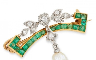 ANTIQUE NATURAL PEARL, EMERALD AND DIAMOND BROOCH set