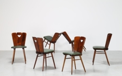 PECORINI GUGLIELMO Six chairs. Wood and skai. Cm 4…