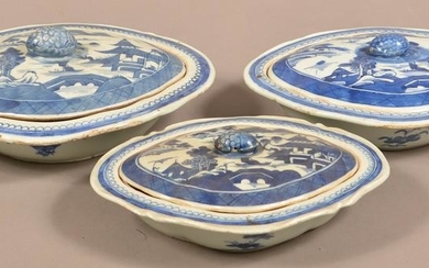 3 Canton Oriental Porcelain Covered Vegetable Dishes.