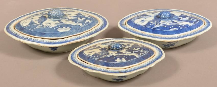 3 Canton Oriental Porcelain Covered Vegetable Dishes.